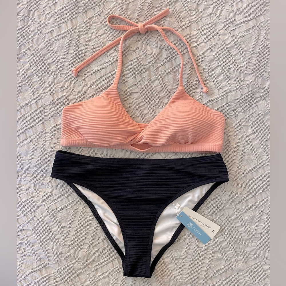Cupshe - Textured Pink and Navy Halter Bikini